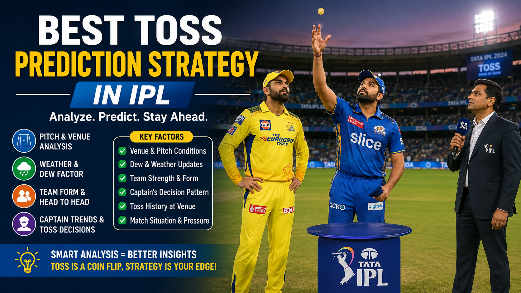 IPL captains at the toss before a cricket match with stadium crowd and match officials in the background.