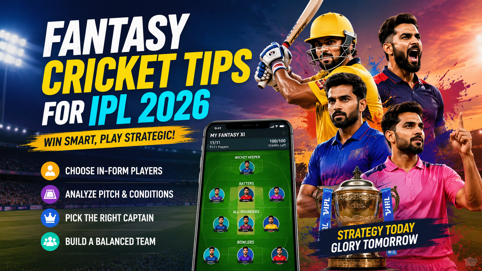Fantasy cricket tips for IPL 2026 showing player selection strategy, captain choices, pitch analysis, and winning fantasy team planning guide