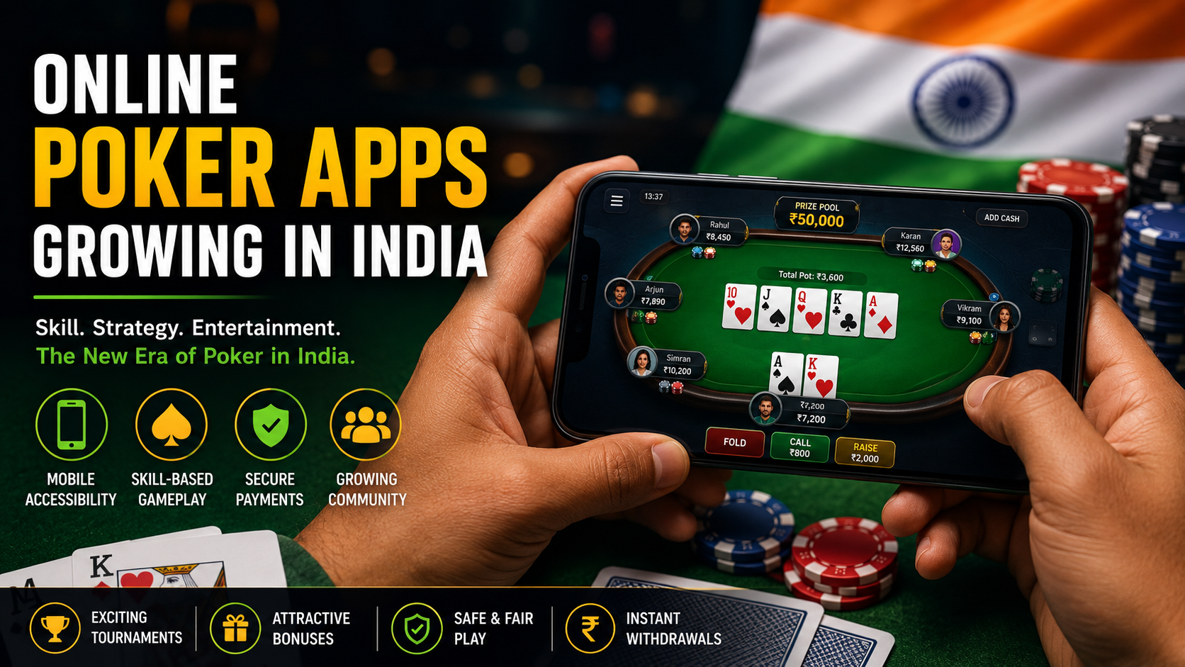 Indian users playing online poker on mobile apps with digital gaming interface and virtual poker table.