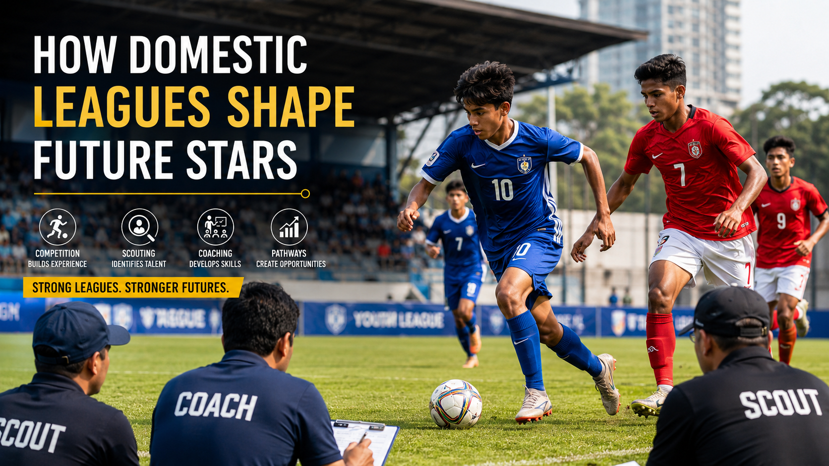Young athletes competing in a domestic league match while scouts and coaches watch future sports stars in action.