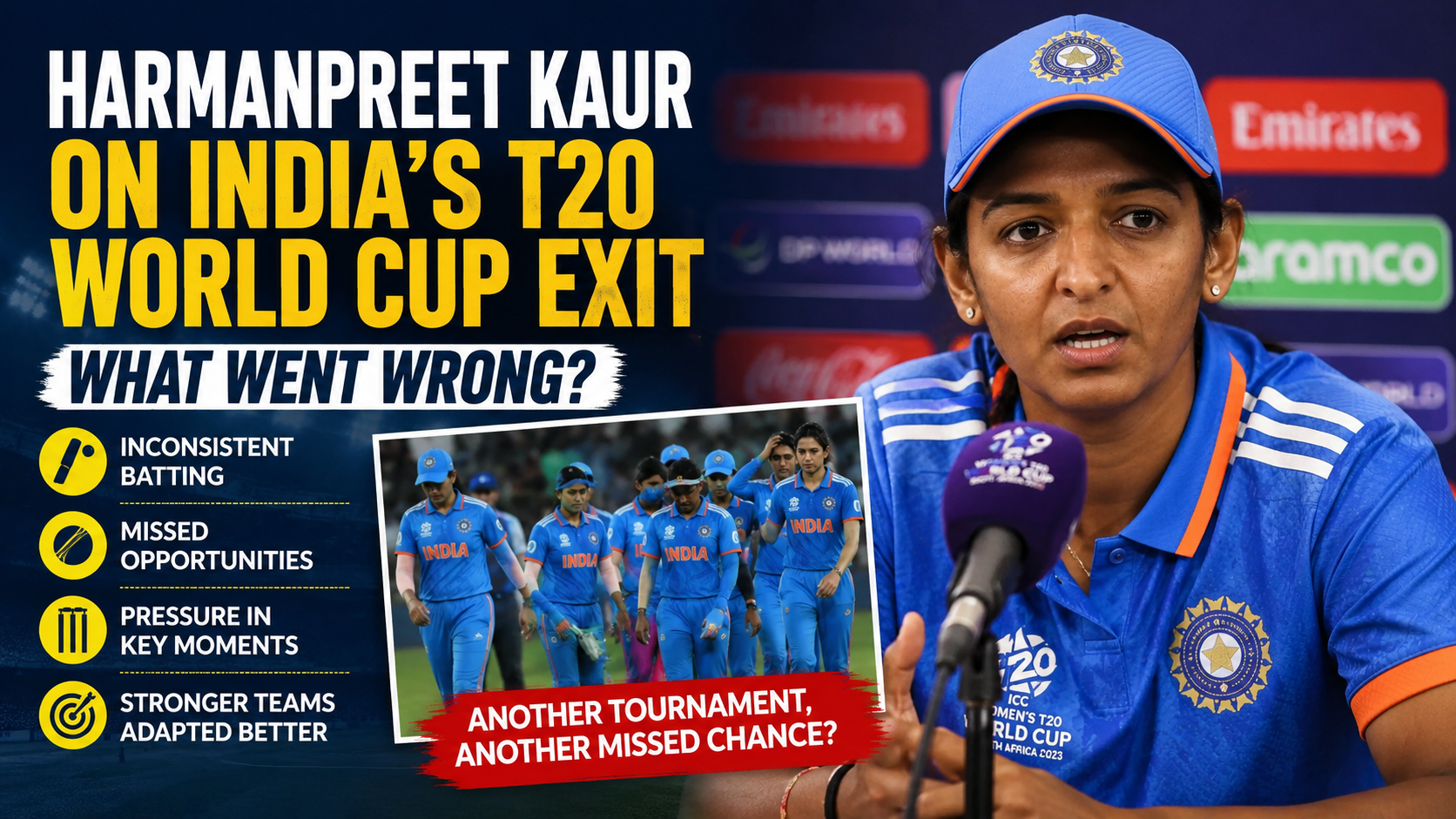 Harmanpreet Kaur reacts after India's elimination from the Women's T20 World Cup following a crucial defeat to Australia.