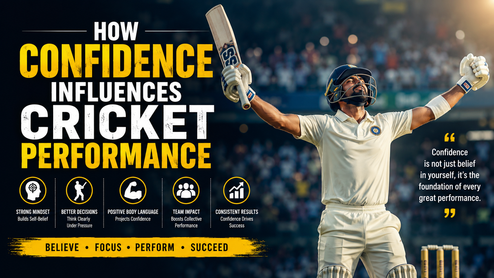 Confident cricket player displaying positive body language while batting during a competitive matc