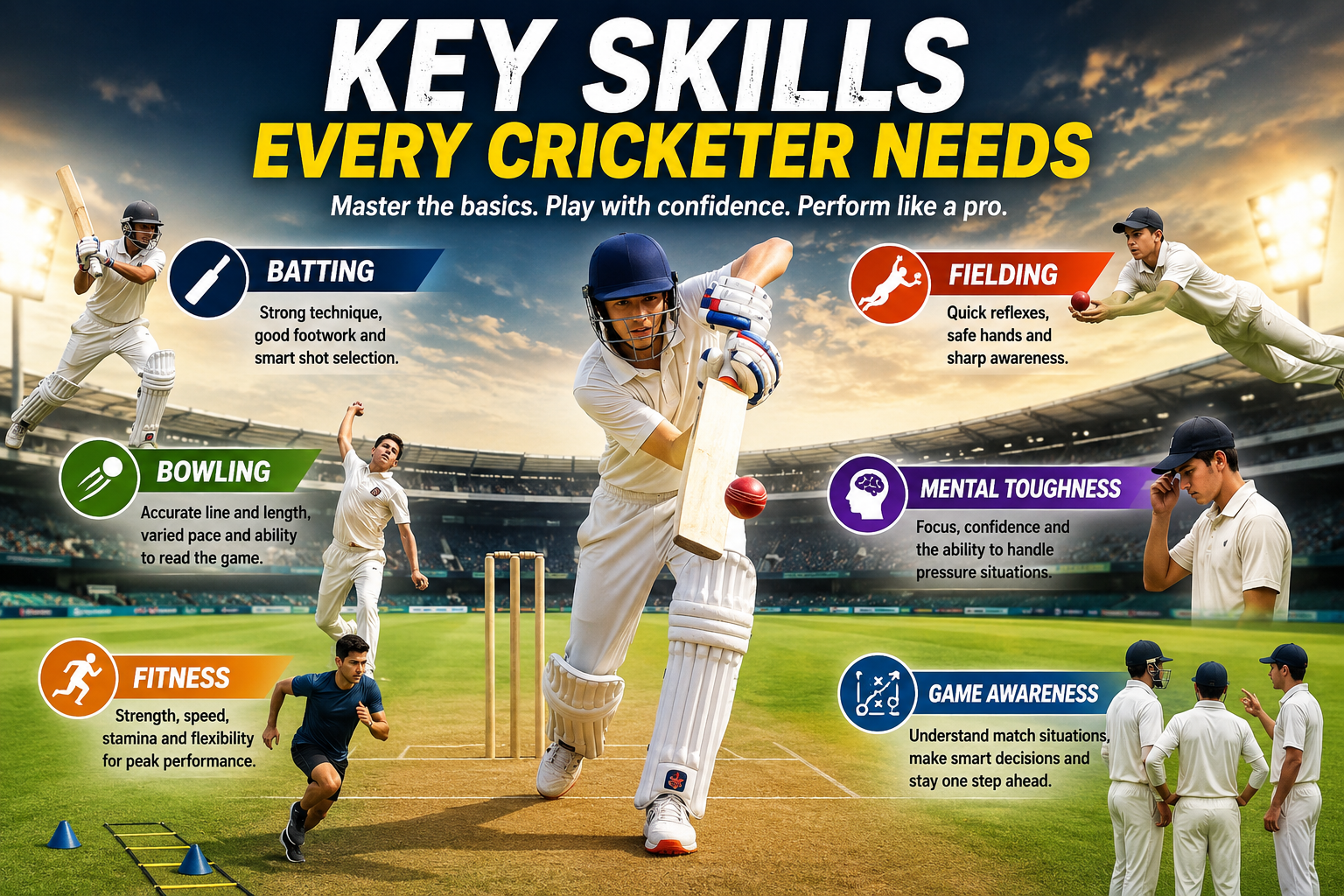 Young cricketer practicing batting, bowling, fielding, and fitness skills during a professional cricket training session.