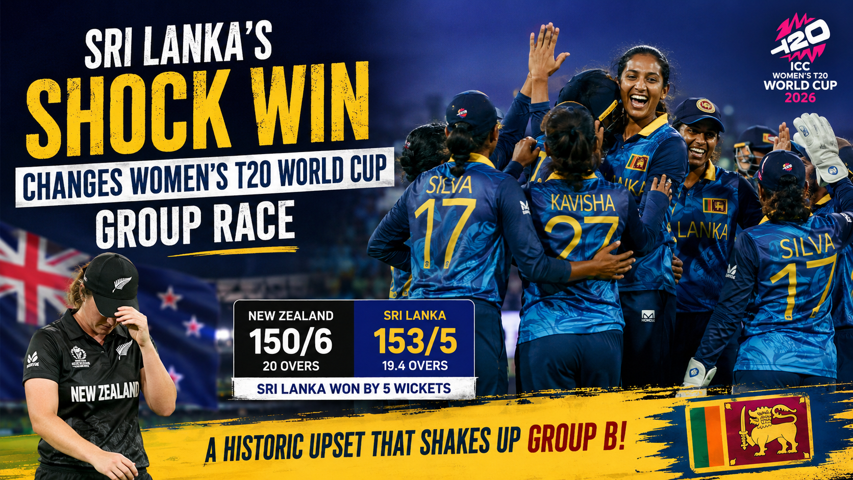 Sri Lanka players celebrate a stunning victory over New Zealand in the ICC Women's T20 World Cup 2026 Group B match.