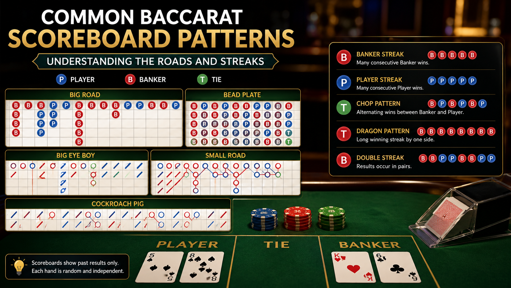 Common baccarat scoreboard patterns displayed on a live baccarat table