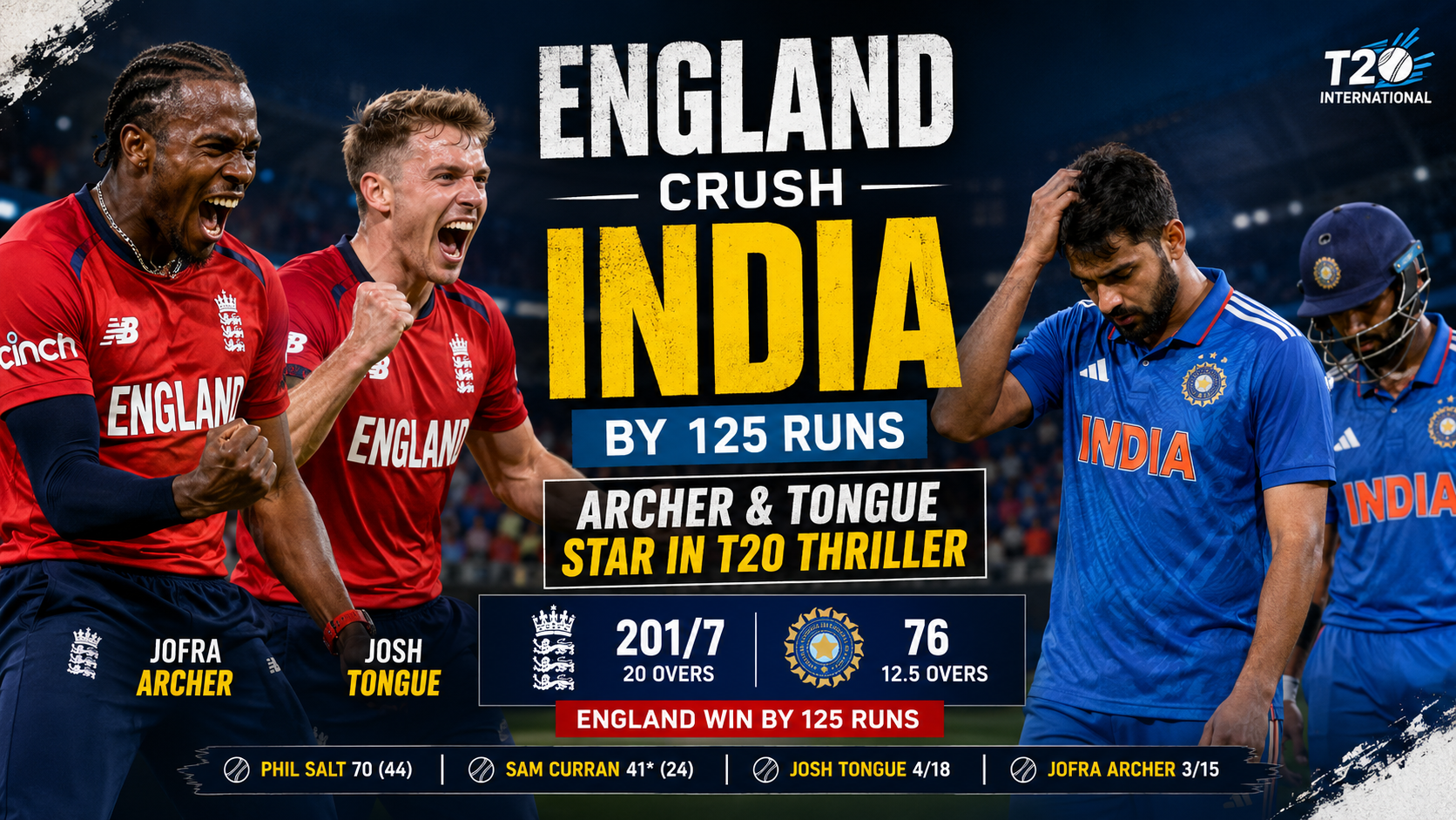 Jofra Archer and Josh Tongue celebrate after England's dominant T20 victory over India at Trent Bridge.