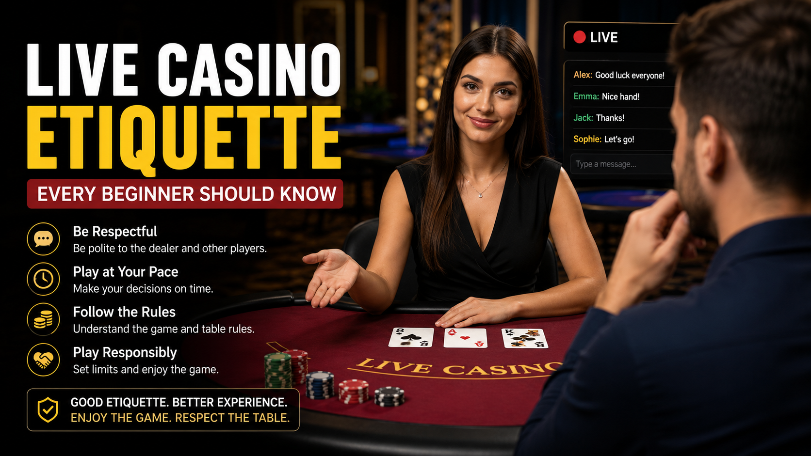 A beginner playing at a live online casino table with a professional dealer, demonstrating proper live casino etiquette and responsible gaming practices.