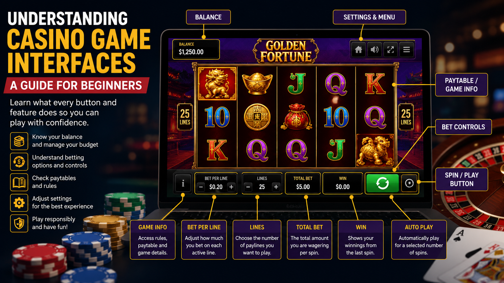 Beginner using an online casino game interface showing betting controls, balance, paytable, and game settings on a desktop screen.