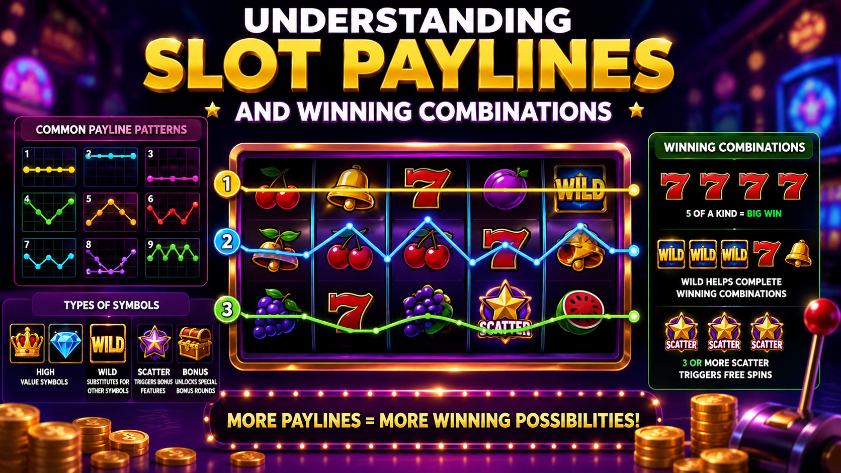 online slot machine displaying multiple paylines, matching symbols, Wild and Scatter icons, with coins and casino lights illustrating how slot paylines and winning combinations work.