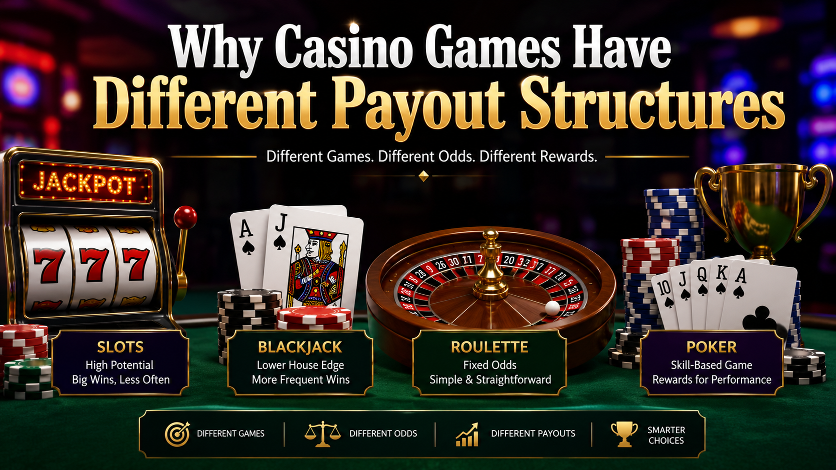 Casino chips, cards, roulette wheel, and slot machine showing different casino payout structures