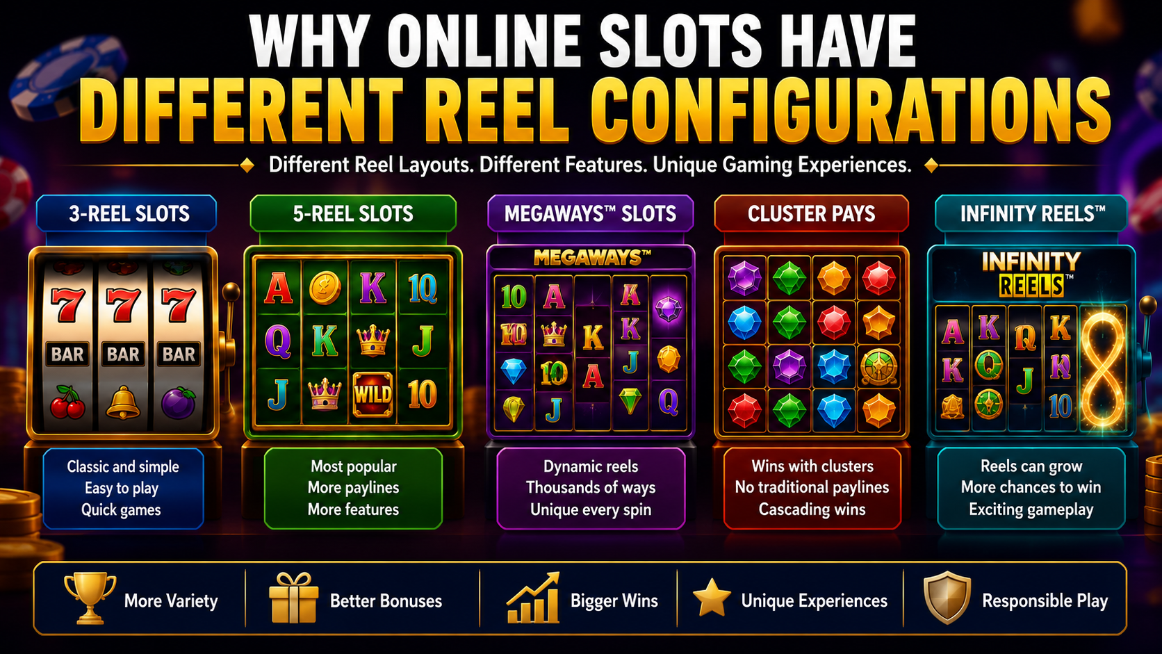 Different online slot reel configurations displayed side by side, highlighting 3-reel, 5-reel, Megaways, and Cluster Pays slot layouts.