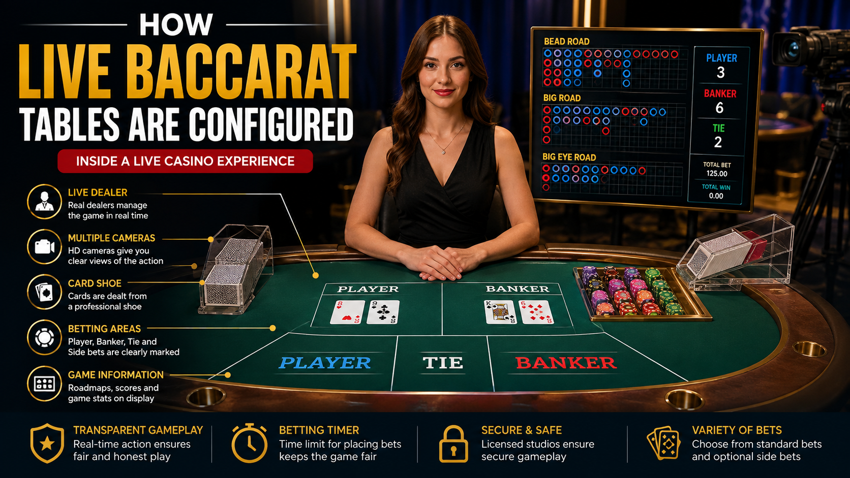 Live Baccarat table configuration showing dealer, cards, betting areas and digital casino interface