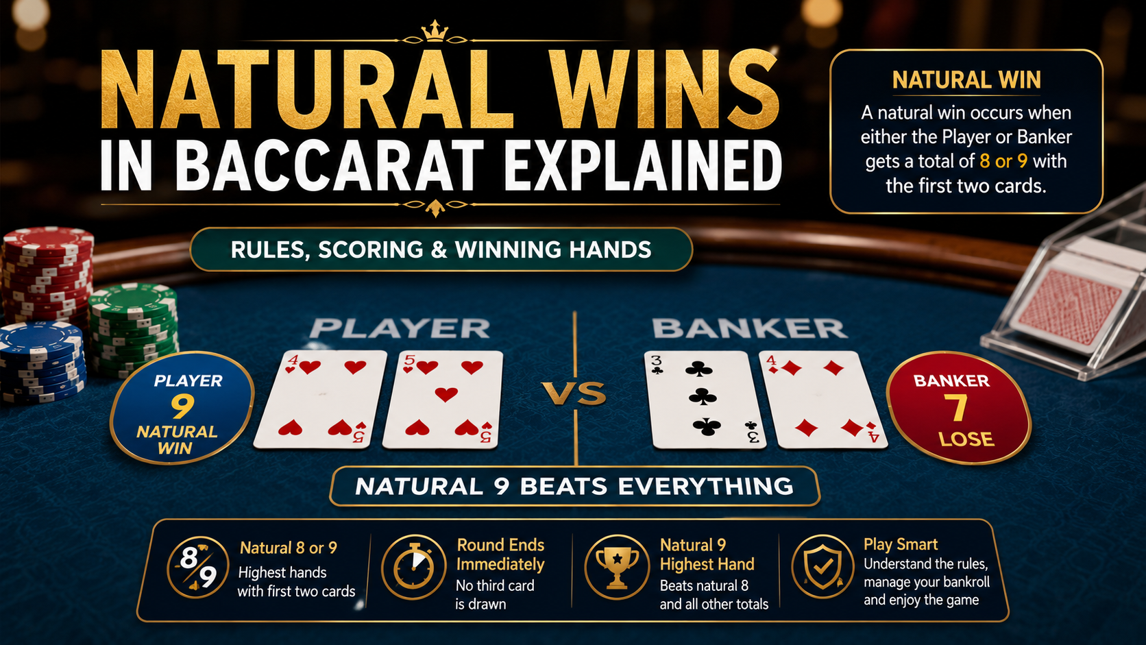 Online baccarat table showing a natural 9 winning hand with player and banker cards displayed clearly for beginners