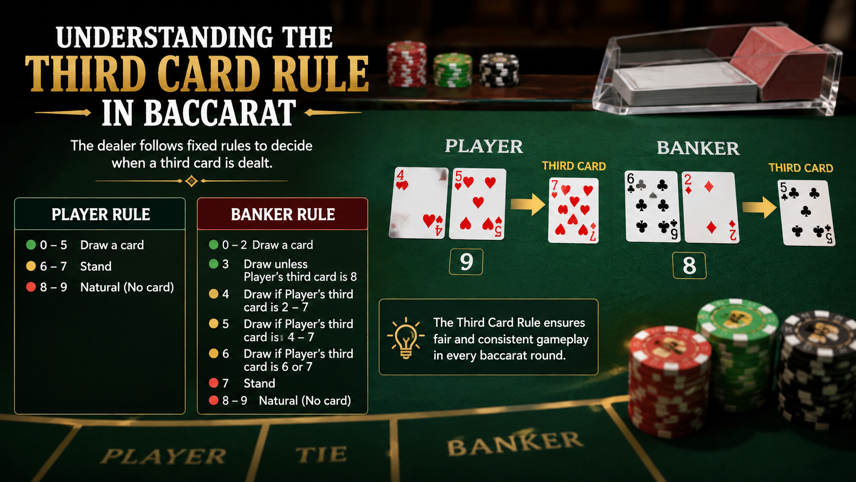 Baccarat table showing the third card rule during a live casino game