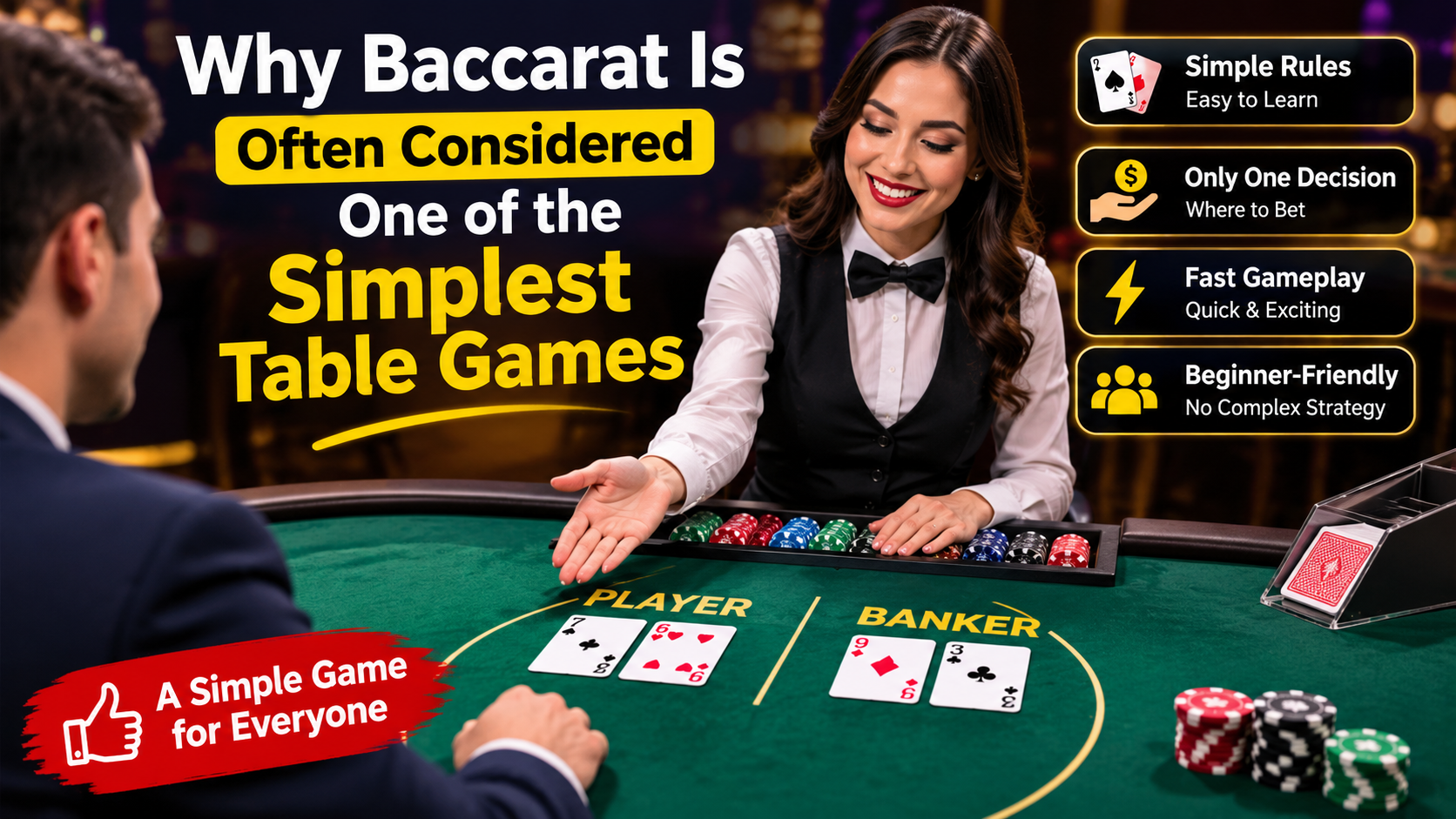 Player enjoying a baccarat table game with dealer explaining simple rules and betting options for beginners.