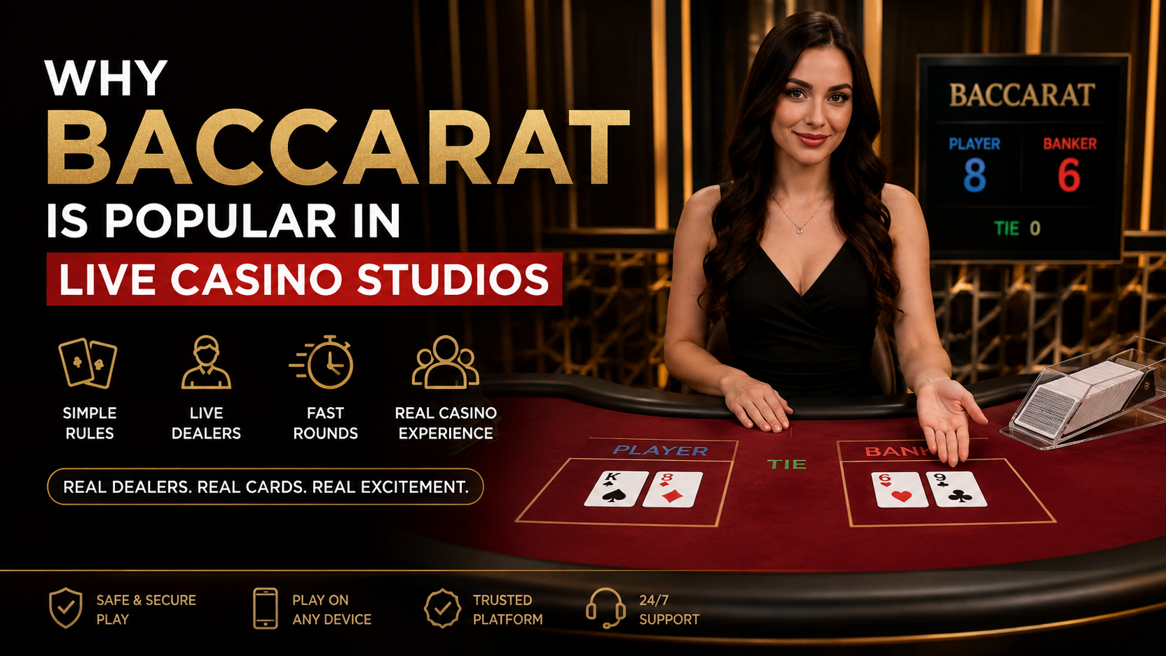 Baccarat table with live dealer in a modern casino studio