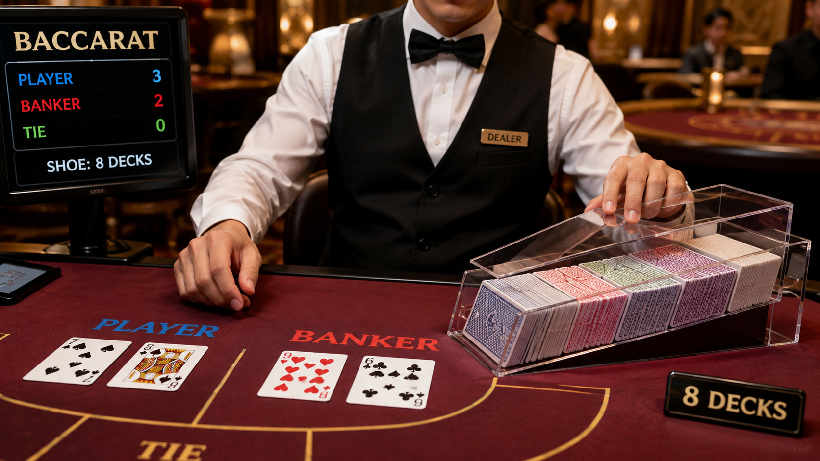 Dealer using a multi-deck baccarat shoe during a live baccarat game in a casino