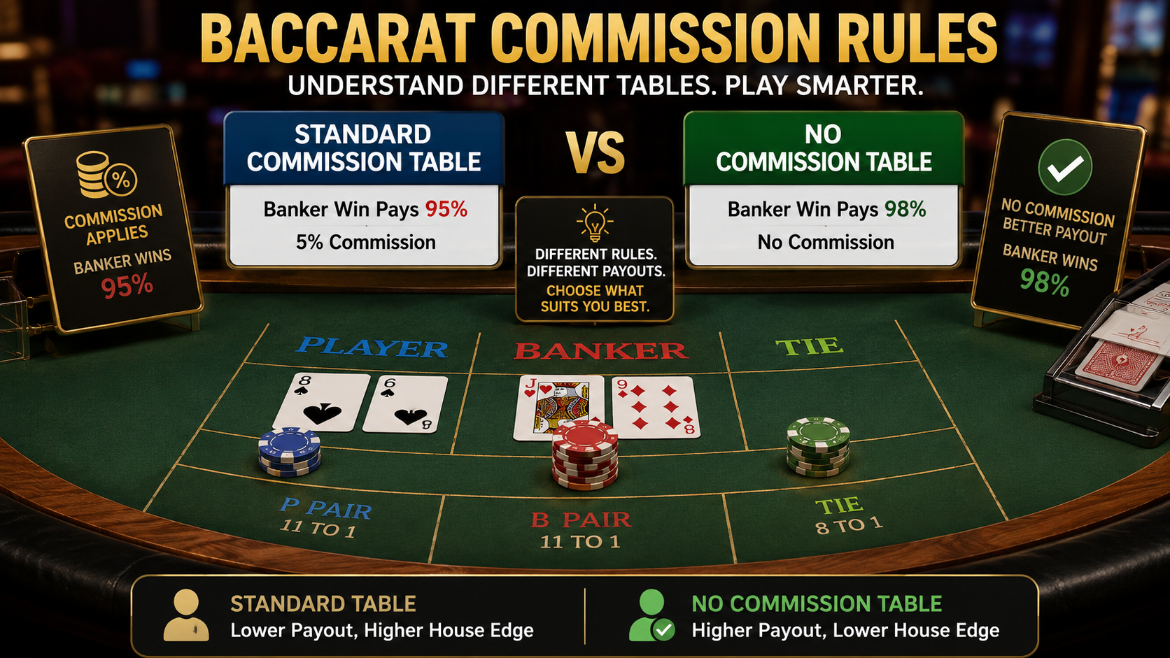 Baccarat table showing different commission rules and Banker payout options for casino players
