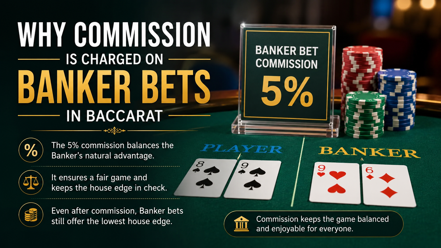 Commission charged on Banker bets in Baccarat table game explained