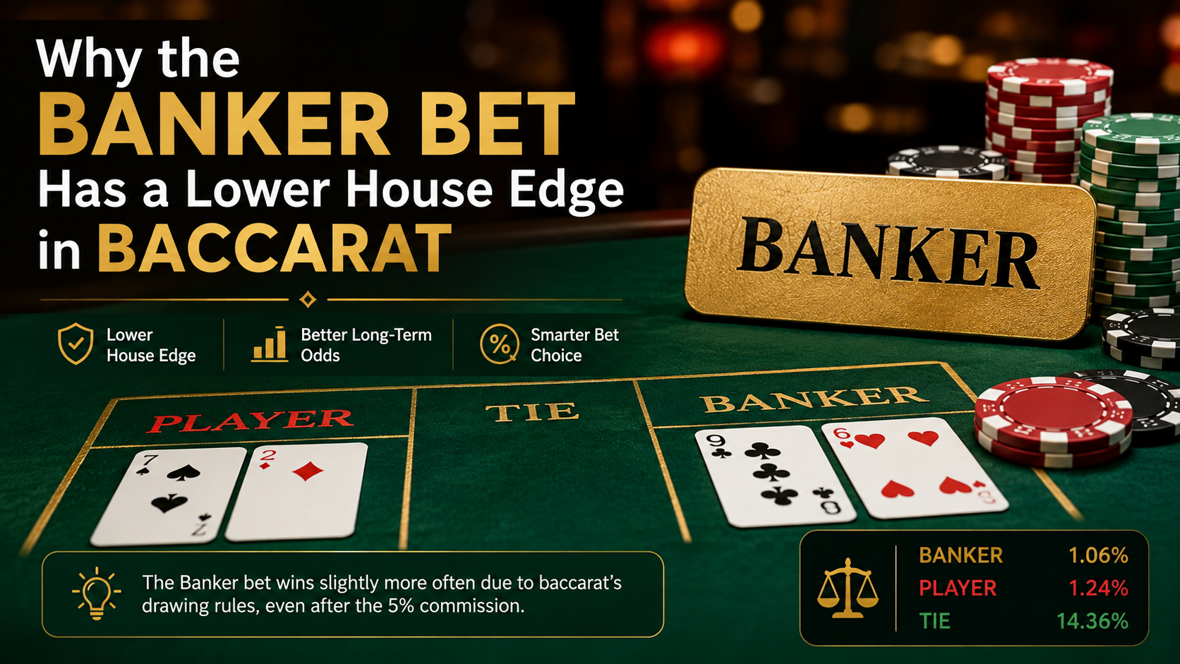 Banker bet selected on a baccarat table with playing cards and casino chips