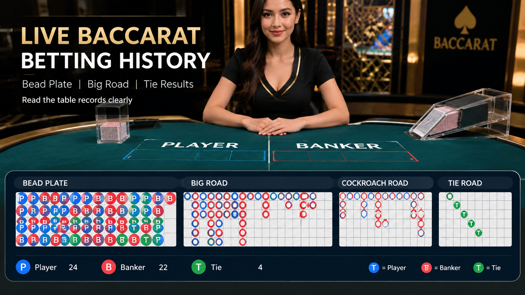 Live baccarat table displaying betting history, Bead Plate and Big Road results