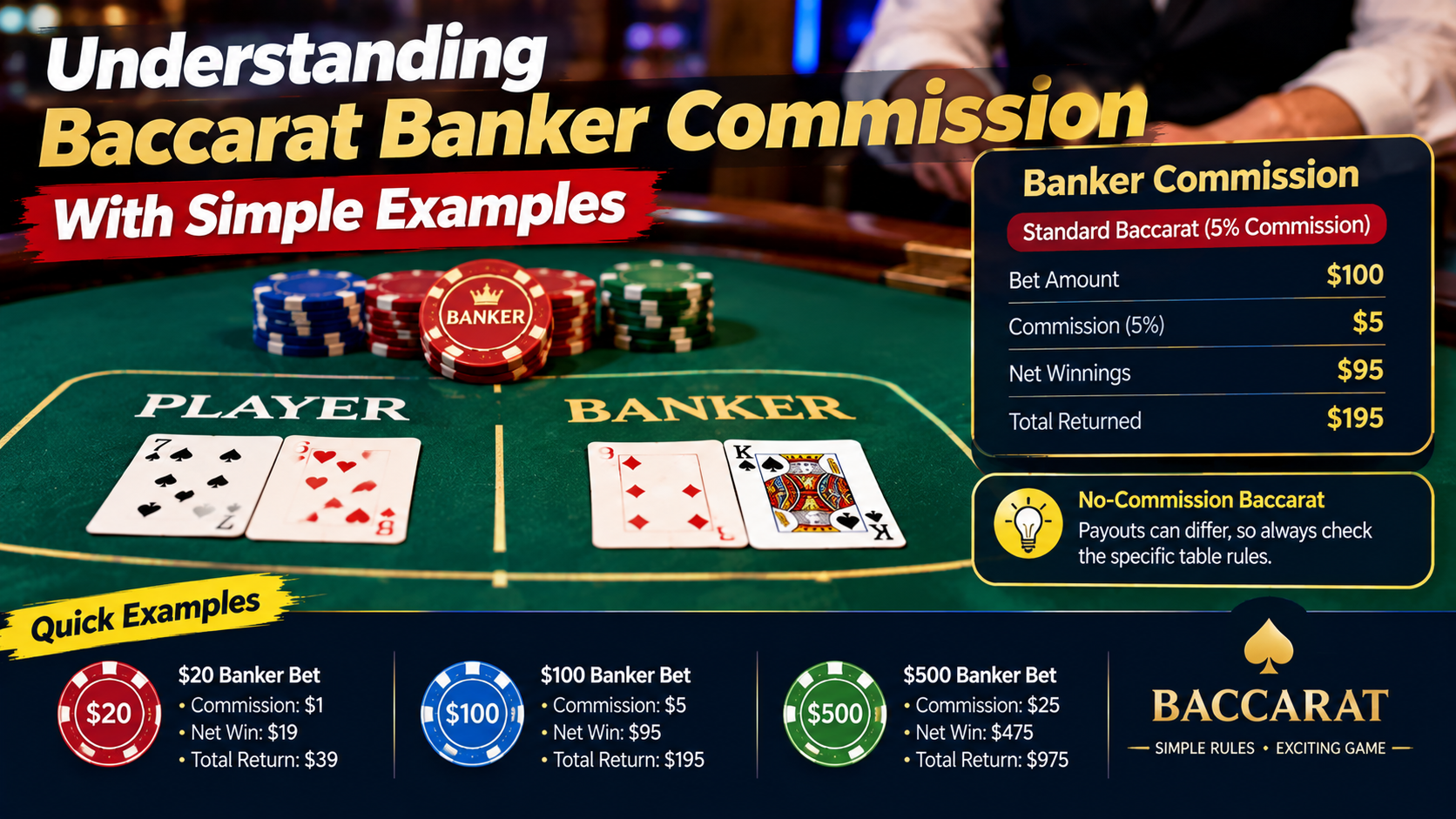Baccarat Banker commission with simple payout examples