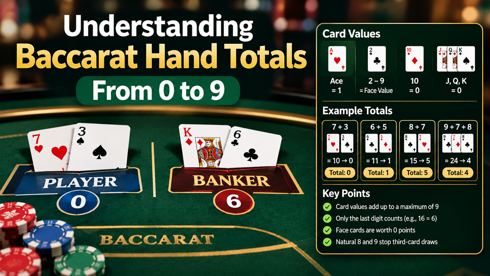 Baccarat hand totals from 0 to 9 showing card values and scoring examples