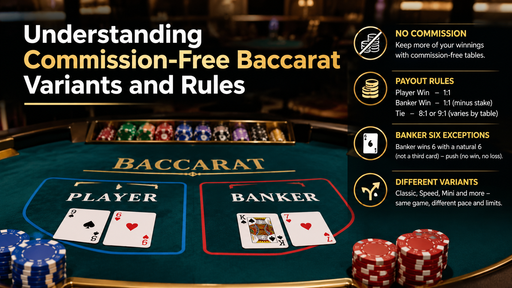 Commission-free baccarat variants table showing Banker, Player and payout rules