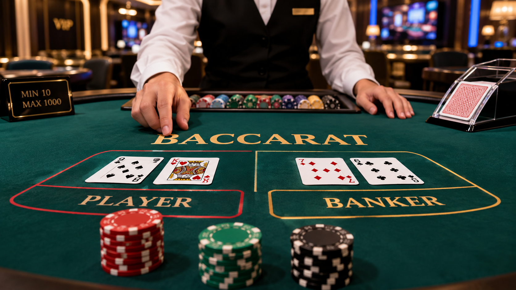 Baccarat table with cards and chips in a modern casino setting