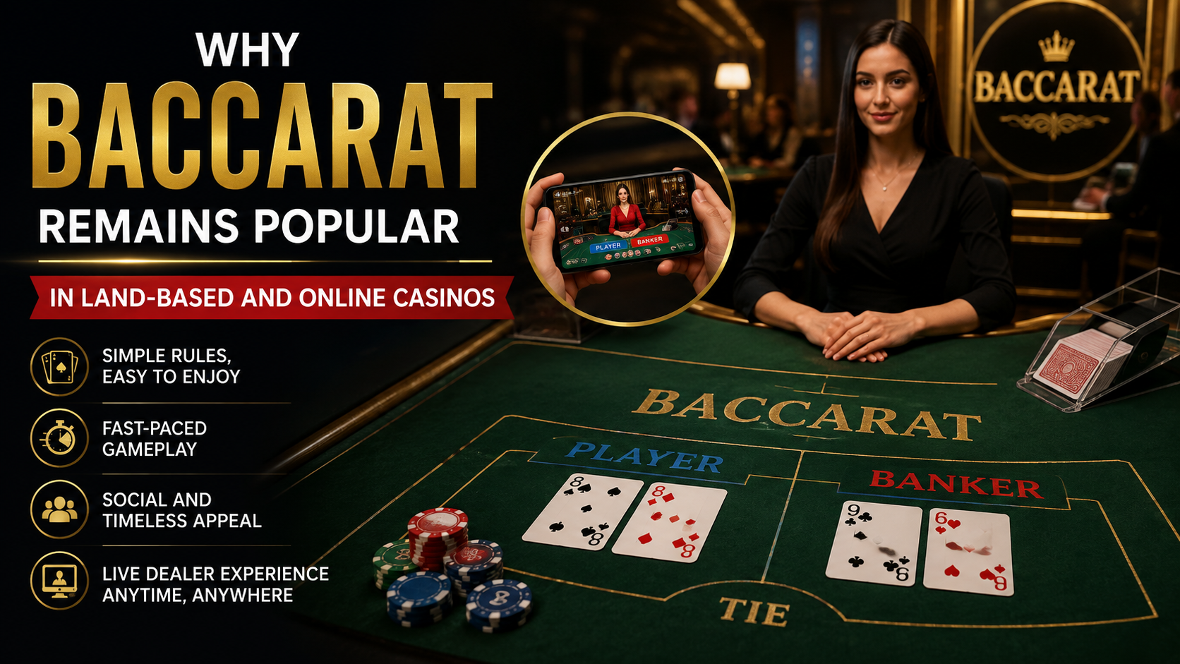 Baccarat table game showing cards, chips and live casino gameplay