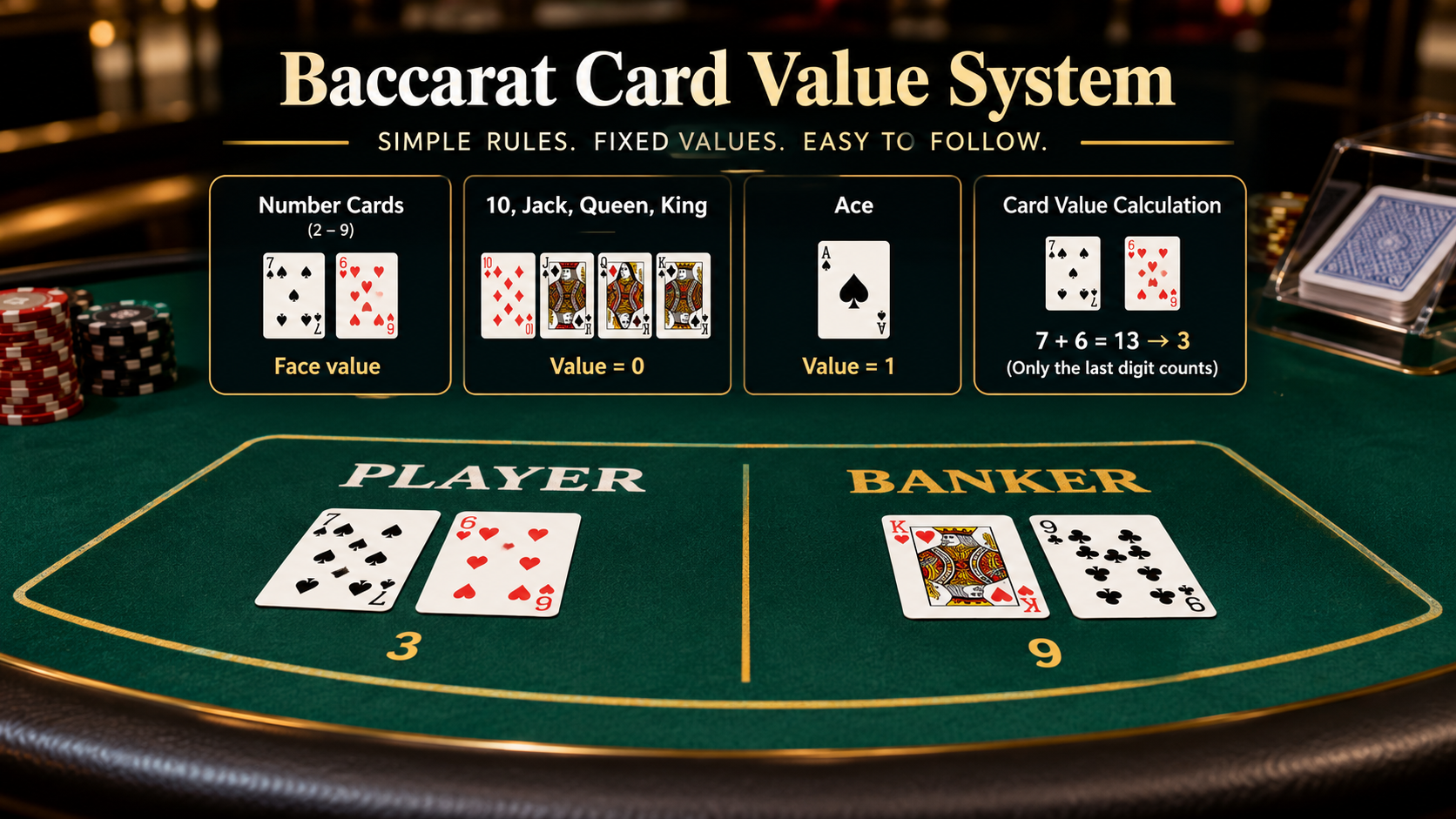 Baccarat Card Value System showing fixed values for cards at a casino table